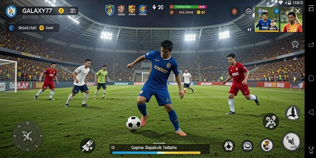 Screenshot gameplay GALAXY77 menunjukkan aksi seru di lapangan sepak bola.