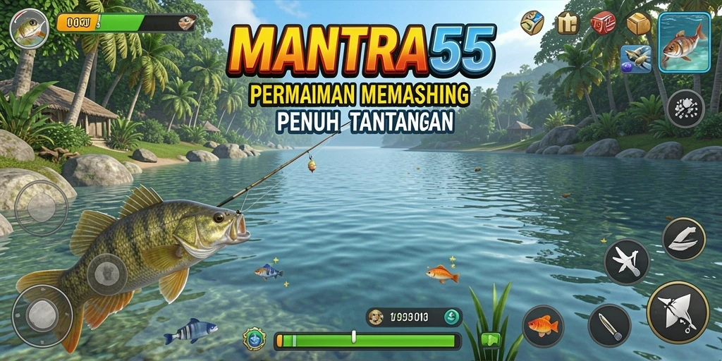 Screenshot gameplay <strong>MANTRA55</strong> menampilkan aksi memancing yang mendebarkan.