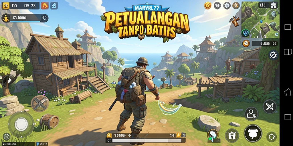 Screenshot gameplay MARVRL77 yang menunjukkan eksplorasi dunia terbuka yang luas.