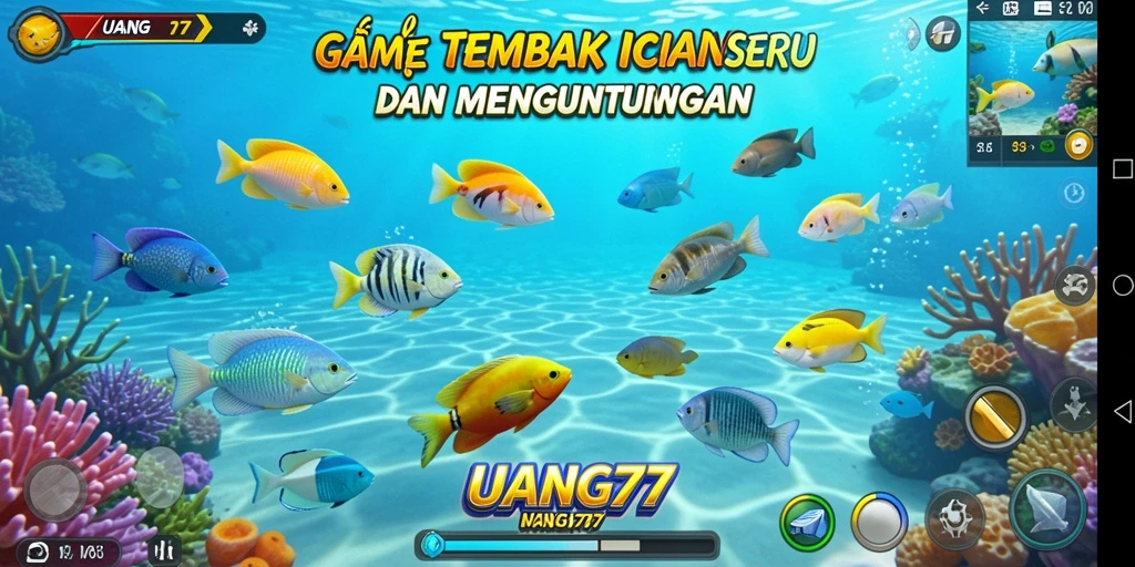 Tangkapan layar dari gameplay UANG77 yang menampilkan aksi menembak ikan.